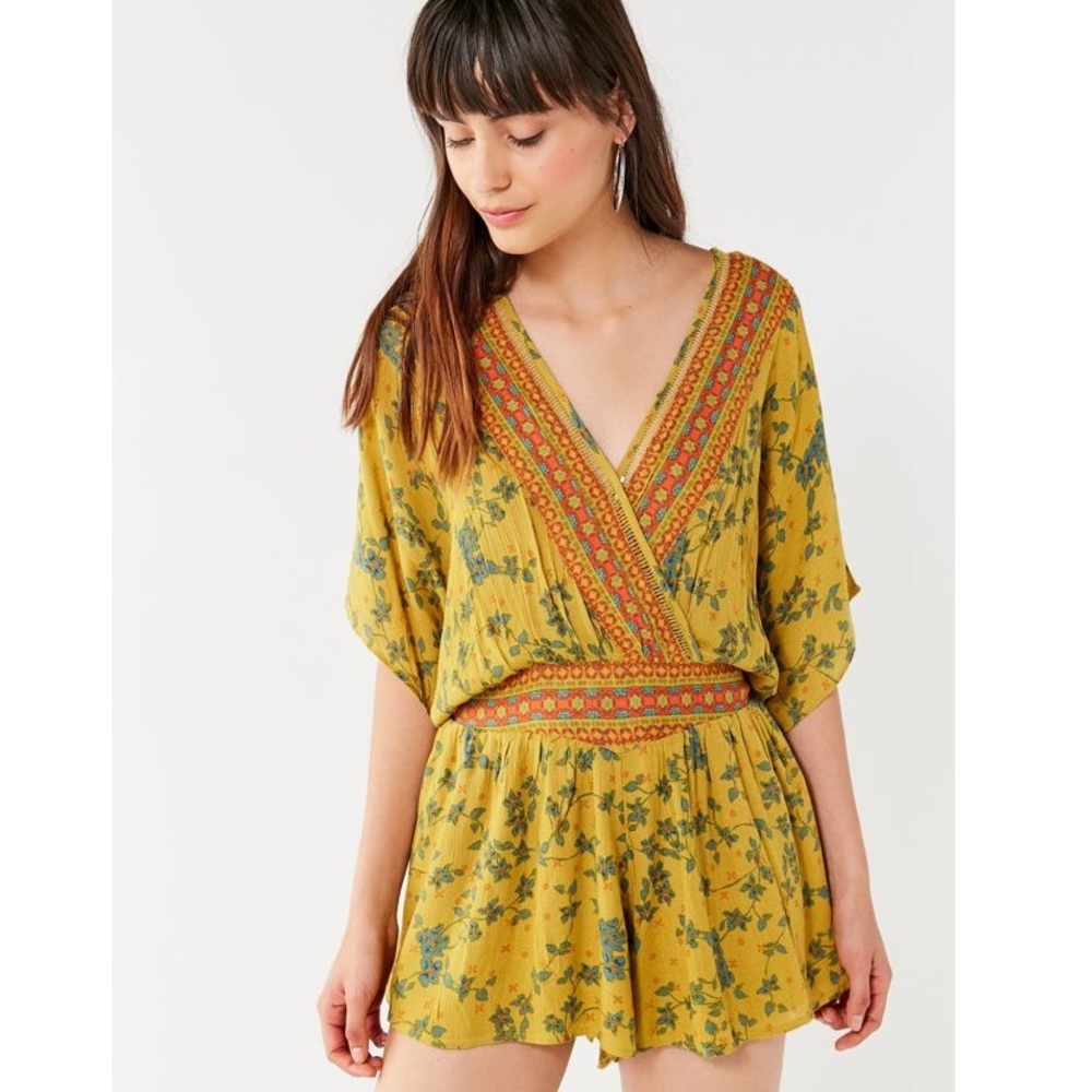 Urban Outfitters Moonstruck Plunging Surplice Romper Marigold Yellow Boho Medium